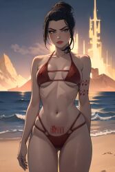 1girls ai_generated avatar_legends avatar_the_last_airbender azula beach bikini black_hair breasts female fire_nation queen_of_hearts red_bikini red_lipstick small_breasts solo solo_female swimsuit tattoo thighs yellow_eyes yuroart