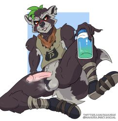 anthro armpit_hair blush blush_lines body_hair bottomless clothed clothing ear_piercing epic_games erection fortnite furry genitals hi_res male mammal musk musk_clouds musky_cock nahura penis piercing procyonid pubes raccoon rufus_(fortnite) slurp_juice solo solo_focus spread_legs spreading