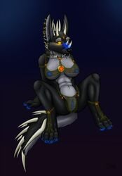 anthro areola bakari breasts canine chainmail clothing female horn hybrid mammal nipples no_pupils pussy see-through smile solo spread_legs spreading