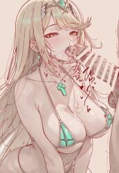 1boy 1girls absurdres after_ejaculation bar_censor bikini blonde_hair breasts censored cleavage collarbone core_crystal_(xenoblade) cum cum_on_body cum_on_breasts earrings fellatio floating_earring green_bikini highres jewelry large_breasts licking licking_penis long_hair mythra_(xenoblade) open_mouth oral penis simple_background sketch straight string_bikini suujiniku swept_bangs swimsuit tiara tongue tongue_out xenoblade_chronicles_(series) xenoblade_chronicles_2 yellow_eyes