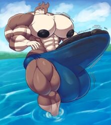2026 abs absurd_res anthro balls big_balls big_penis black_penis brown_body brown_fur eikasianspire fingers fur genitals hi_res huge_balls huge_penis humanoid_genitalia humanoid_penis hyper hyper_genitalia hyper_penis ike_(eikasianspire) lagomorph leporid male male_anthro mammal muscular muscular_anthro muscular_male outside pecs penis rabbit shadow solo water