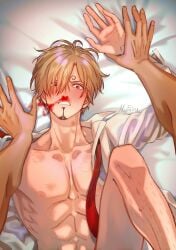 2boys bite_mark bite_marks blonde_hair blood blush facial_hair gay goatee hair_over_one_eye hickey hickey_marks implied_sex looking_at_viewer male male_only male_pov muscular muscular_male myfairy nosebleed offscreen_sex on_back on_bed one_piece open_shirt pov roronoa_zoro solo_focus undone_necktie vinsmoke_sanji yaoi