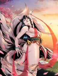 1girls ahri animal_ears ass barefoot black_hair breasts cleavage covered_breasts covered_nipples erect_nipples feet female female_only hips large_breasts league_of_legends legs long_hair nipples renx sideboob soles solo tagme tail thighs toes