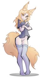 2016 alpha_channel animal_ears ass blonde_hair blush bottomless breasts canine female fox_ears fur humanoid long_hair looking_at_viewer mammal no_underwear orange_eyes pussy shirt simple_background solo the_pink_pirate thighhighs transparent_background yellow_fur