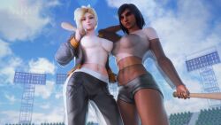 2girls 3d abs baseball_bat baseball_uniform black_hair blizzard_entertainment blonde_hair breasts crop_top dark-skinned_female dark_skin facial_tattoo fishnets hand_behind_head hand_on_another's_hip hotpants jacket large_breasts light-skinned_female light_skin looking_at_viewer medium_breasts mercy midriff moonroomoom muscular_female nipples nipples_visible_through_clothing open_jacket overwatch overwatch_2 pharah see-through see-through_clothing shorts sportswear stadium sweater