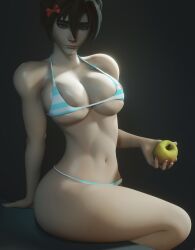 3d apple athletic_female bikini blank_background blank_expression bow_in_hair breadblack emotionless_female eye_contact fit_female freckles green_eyes large_breasts lena_oxton looking_at_viewer overwatch red_nails sitting striped_bikini thick_thighs tracer