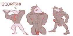 anthro bulge clothed clothing deltarune erection erection_under_clothing genitals group hi_res hiding_erection hiding_face ledange male male_only mask muscular muscular_anthro muscular_male nipples nude penis pose shirtless shirtless_male shy swatchling tuft undertale_(series) vein veiny_penis