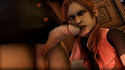 1boy 1girls 3d auburn_hair biohazard blue_eyes claire_redfield duo erection female long_hair penis resident_evil straight testicles thedickgrillsurgeon