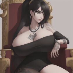 ai_generated big_breasts black_dress black_hair chair dress earrings female gustav_galla huge_breasts jewelry large_breasts long_hair narrow_waist ponytail sitting sitting_on_chair sitting_on_throne stable_diffusion tattoo tattoos thick_thighs thin_waist throne wide_hips