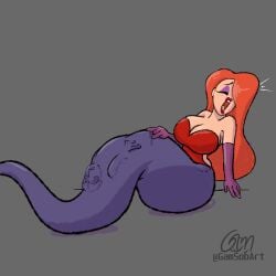 big_belly big_breasts bulge bulging_belly female female_masturbation female_pred fingering gamsobart_(artist) jessica_rabbit lamia makeup masturbating moaning moaning_in_pleasure naga prey red_hair snake_girl vore vore_belly