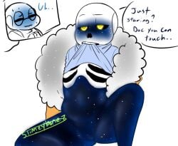 1boy 1girls 2d biting_shirt blush dialogue ectobody english_text female female_genitalia flustered humanoid lifting_shirt male outertale_sans sans sanscest science_sans skeleton slimeybonez tagme talking text undertale_(series) undertale_au undertale_fanfiction waiting