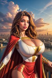 1girls ai_generated big_breasts brown_hair brown_hair_female brunette busty dc dc_comics entity_ai female_only huge_breasts mary_marvel shazam_(series) solo solo_female superheroine top_heavy