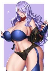 1girls alternate_costume angel_(kof)_(cosplay) arcedo ass ass_visible_through_thighs bare_thighs big_ass breasts camilla_(fire_emblem) cleavage cosplay crossover female female_only fingerless_gloves fire_emblem fire_emblem_fates garter_straps gloves grin hair_over_one_eye king_of_fighters large_breasts long_hair looking_at_viewer nintendo pink_eyes purple_background purple_hair shorts smile solo thick_thighs thighhighs thighs very_long_hair