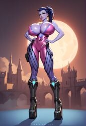 ai_generated bimbo blizzard_entertainment bodysuit high_heels huge_breasts overwatch overwatch_2 platform_heels rattew1 solo widowmaker