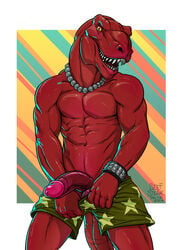 1boy anthro balls beefsteak big_penis clothing dinosaur dj_mixer_(character) half-erect jewelry looking_at_viewer male male_only muscular necklace open_mouth penis retracted_foreskin smile solo theropod tyrannosaurus_rex uncut underwear undressing