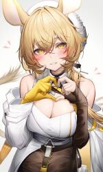 1girls animal_ears animal_tail arknights bare_shoulders blonde_hair cleavage cleavage_cutout cleavage_overflow dorothy_(arknights) female female_focus female_only hat heart heart_hands large_breasts light-skinned_female light_skin long_hair looking_at_viewer mouse_ears mouse_girl mouse_tail smile smiling smiling_at_viewer tab_head tagme teasing teasing_viewer yellow_eyes