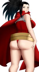 ass black_eyes black_hair boku_no_hero_academia cape hero_outfit_(mha) leotard lips looking_at_viewer looking_back momo_yaoyorozu my_hero_academia poketune ponytail solo thighs yaoyorozu_momo