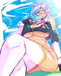 1girls 2020s 2023 2d 2d_(artwork) 5_fingers abs big_breasts big_thighs blue_hair bottomless breasts child_bearing_hips clarice_(paralleldier) crop_top crop_top_sweater dierelc female female_focus female_only gloves hi_res highres hips large_breasts large_thighs light-skinned_female light_skin microphone multicolored_hair no_pants outdoors paralleldier robot robot_girl shocked solo solo_female solo_focus sweat sweating thick_thighs thighhighs thighs tie underboob white_thighhighs wide_hips