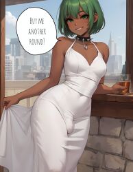 1futa ai_generated alcohol bulge_through_clothing dark-skinned_female dark_skin dress flirting futa_only futanari green_eyes green_hair morgan_(xdk141) short_hair smile smiling_at_viewer spiked_collar stable_diffusion xdk141