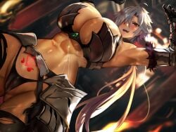 1girls 2d 2d_(artwork) anonymous_artist armor armored_dress armored_female asmr big_breasts dark-skinned_female female happy happy_female hi_res highres mature_female romance silver_hair tattoo white_hair