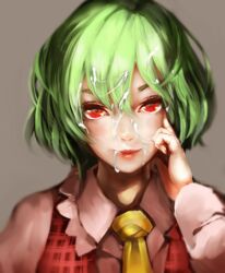 ascot cum cum_in_mouth cum_on_hair facial female green_hair jubakurei lips long_sleeves looking_at_viewer plaid plaid_vest red_eyes touhou vest yuka_kazami