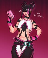 1boy black_hair bulge capcom clothing english_text femboy fingerless_gloves genderswap_(ftm) girly hair_horns hair_over_one_eye hand_on_hip hi_res holding_phone juri_han light_blush loggus_doggus looking_at_viewer male male_only penis_bulge phone pink_highlights pink_lipstick purple_eyes rule_63 solo spiked_bracelet spiked_collar street_fighter street_fighter_6 talking_to_viewer