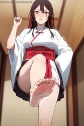 1girls ai_generated big_breasts blush blush_lines blushing_at_viewer breasts brown_eyes brown_hair curvy curvy_figure dripping feet feet_up female female_only foot_fetish foot_focus foot_worship from_below japanese japanese_clothes jigokuraku kimono lewdcreationsai looking_at_viewer looking_down soles solo solo_female solo_focus sweat sweatdrop sweating sweaty sweaty_feet tagme thick thick_legs thick_thighs thighs toes yamada_asaemon_sagiri