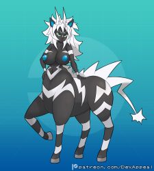 animal_ears black_body blue_eyes blue_nipples centaur colored_nipples dex_appeal female full_body kemonomimi monster_girl nintendo nipples nude nude_female pokemon pokemon_(species) pokemorph standing stripes white_hair yellow_sclera zebra zebra_girl zebstrika