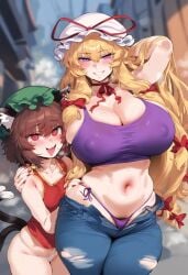 2girls ai_generated blonde_hair brown_hair chen female_only kemonomimi large_breasts nai_diffusion pubic_hair smaller_female sweat touhou yukari_yakumo