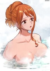 1female 1girls 2d 2d_(artwork) :o aosora bare_shoulders bath bathtub boobs breasts collarbone female female_focus female_only ginger large_breasts light_skin long_hair looking_at_another looking_to_the_side naked naked_female nami nami_(one_piece) no_bra nude nude_female one_piece orange_hair ponytail post-timeskip red_hair shoulders solo solo_female solo_focus sweat sweatdrop tattoo tied_hair tits water water_drop wet wet_body wet_skin