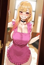 1girls ai_generated blonde_hair female female_only gyaru human kitagawa_marin mommy naked_apron red_eyes self_upload solo sono_bisque_doll_wa_koi_wo_suru sweat viriai