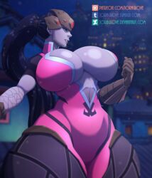 artist_name blizzard_entertainment blue_hair blue_skin bodysuit breasts cleavage curvaceous female female_only gauntlets gloves head_mounted_display highres huge_breasts joraglove large_breasts long_hair overwatch parted_lips patreon ponytail purple_hair purple_skin smile snow solo thick_thighs tied_hair web_address wide_hips widowmaker yellow_eyes