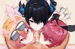 1boy 3girls asymmetrical_horns ball_lick ball_sucking black_hair blowjob broken_horn collaborative_fellatio eyewear_on_head fellatio female glasses_on_head heterochromia hololive hololive_dev_is hololive_english hololive_english_-advent- hololive_fantasy hololive_japan hololive_regloss horns houshou_marine ichijou_ririka ito_ryokucha light-skinned_female light_skin male_pubic_hair nerissa_ravencroft oral oral_penetration oral_sex penis penis_in_mouth pubic_hair red_eyes red_hair sucking_testicles tongue tongue_out triple_fellatio unseen_male_face virtual_youtuber yellow_eyes