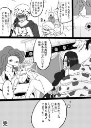 1futa after_sex bepo big_breasts black_and_white blush boa_hancock boa_marigold boa_sandersonia closed_eyes clothed clothing comic dialogue end_page full-face_blush fully_clothed futanari goatee hat japanese_text large_breasts long_hair male momoopkagi monochrome one_piece penguin_(one_piece) salome_(one_piece) shachi_(one_piece) short_hair snake_earrings text tongue_out trafalgar_law translation_request