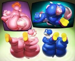 anus ass big_butt blue_yoshi bouncing_butt duo egg egg_laying hi_res huge_butt justmegabenewell mario_(series) nintendo pink_yoshi spreading vore yoshi