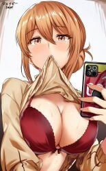 1girls beige_shirt blush bra breasts brown_hair john_mangalile looking_at_viewer my_teen_romantic_comedy_snafu shirt_lift yuigahama_yui's_mother