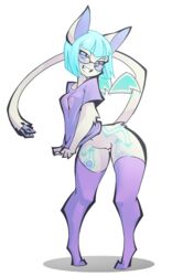 2016 alpha_channel anthro ass blue_eyes blue_hair breasts eyewear female fur glasses looking_at_viewer no_underwear open_mouth plug pussy shirt short_hair simple_background smile solo teeth the_pink_pirate thighhighs transparent_background unknown_species wings