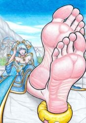 barefoot blue_eyes blue_hair blue_sky demacia feet feet_focus feet_together feet_up foot_fetish league_of_legends soles sona_buvelle yukimitsuu