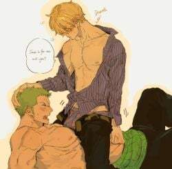 2boys asking_for_sex blonde_hair blush bulge drunk english_text gay green_hair hand_on_another's_head heart_print heart_print_underwear male male_only muscular muscular_male off_shoulder on_back one_piece open_pants open_shirt oral_request roronoa_zoro sitting_on_person speech_bubble straddling surprised sweat unbuckled_belt vinsmoke_sanji yaoi ynnn_m