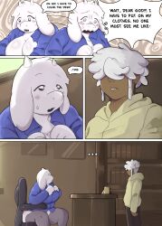 bbw caught_in_the_act caught_masturbating comic comic_page dark-skinned_male deltarune dialogue furry goat masturbation milf nervous original_character thenewpassion toriel undertale undertale_(series) white_body white_fur white_hair white_skin