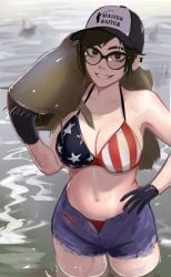 1girls 2023 american_flag american_flag_bikini belly_button big_breasts bikini bikini_top breasts brown_eyes brown_hair busty catfish cleavage clothed clothed_female clothing denim denim_shorts ear_piercing eyewear female fish front_view fully_clothed glasses gloves grin hair hand_on_hip handwear happy hat headwear hi_res holding_fish human in_water jean_shorts jeans large_breasts light-skinned_female light_skin looking_at_viewer medium_hair navel original original_character piercing pose posing rosen_(veyonis) shorts smile smiling smiling_at_viewer solo standing standing_in_water stomach swimsuit thighs veyonis