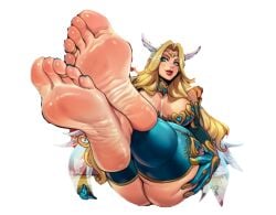 1girls 5toes amelia_teleris apple_butt big_breasts blonde_hair blue_eyes covering_breasts elbow_gloves elf_ears elf_female feet_crossed feet_together feet_towards_viewer feet_up female foot_fetish foot_focus huge_breasts jiggly_girls light-skinned_female long_hair original_character pointy_ears reiq smile soles solo solo_female thick_thighs thighhighs toe_ring toes white_background wrinkled_soles