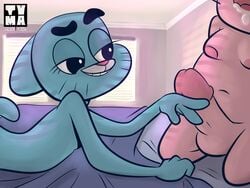 2015 anthro ass balls bed blue_fur cartoon_network drooling father feline feline female fur half-closed_eyes husband husband_and_wife imminent_sex lagomorph male mammal mature_female mature_male mother nicole_watterson nude on_bed open_mouth parent penis pink_fur pink_nose rabbit raised_eyebrow richard_watterson saliva smile teasing teeth the_amazing_world_of_gumball tongue tvma whiskers wife