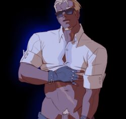 1boy bara blonde_hair bursting_pectorals clothes_pull cowboy_shot dark-skinned_male dark_skin dieonysuz facial_hair flaccid gloves goatee groin highres honkai:_star_rail honkai_(series) lifted_by_self looking_at_viewer male male_focus male_only masculine mature_male midriff pants pants_pull pectorals penis penis_out_of_frame penis_peek presenting_penis pubic_hair short_hair solo solo_male sparse_pubic_hair thick_eyebrows toned toned_male woolsey_(honkai:_star_rail)