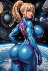 1girls ai_generated big_ass big_breasts big_butt bimbo bimbo_body bimbo_lips bubble_butt entity_ai female_only metroid nintendo samus_aran skin_tight skinsuit solo solo_female zero_suit_samus