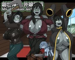 4futas annoyed axe black_hair black_panties dr.bug evoker_(minecraft) futanari green_eyes grey_body grey_skin huge_breasts long_sleeves minecraft mouth_open open_clothes pillager_(minecraft) scar scar_on_face sharp_teeth skirt sword tagme vex_(minecraft) vindicator_(minecraft)