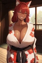 1girls ai_generated alteryors animal_ear_fluff animal_ears animal_girl child_bearing_hips cleavage dark-skinned_female dark_skin floral_print fluffy_ears hair_between_eyes huge_breasts indoors kimono large_breasts looking_at_viewer lupusregina_beta naughty_face novelai overlord_(maruyama) red_hair seductive seductive_look seductive_smile smile smiling_at_viewer solo voluptuous wide_hips wolf_girl yellow_eyes