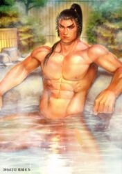 1boy abs bara black_hair dynasty_warriors hot_springs human looking_at_viewer lu_bu male male_only muscle nature nipples nude outdoors pecs penis shin_sangoku_musou sitting smile solo steam testicles water wet zhang_liao