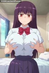 ai_generated aindroidparanoid bed bedroom big_breasts breasts busty curvy female female_only gigantic_breasts grabbing_breasts grabbing_own_breast huge_breasts indoors large_breasts massive_breasts narrow_waist nipples please_don&#039;t_bully_me,_nagatoro president_(nagatoro) pubic_hair purple_hair red_eyes sana_sunomiya school_uniform schoolgirl shirt skirt slim_waist solo squeezing_breast stable_diffusion touching_breast voluptuous