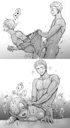 2boys anal anal_sex bent_over blush censored doggy_style erection facial_scar from_behind gay hair_over_one_eye male male_only monochrome motion_lines multiple_images multiple_views muscular muscular_male namedori nude one_piece open_shirt partially_clothed post-timeskip profile roronoa_zoro scar side_view skinny sweat toned toned_male vinsmoke_sanji yaoi